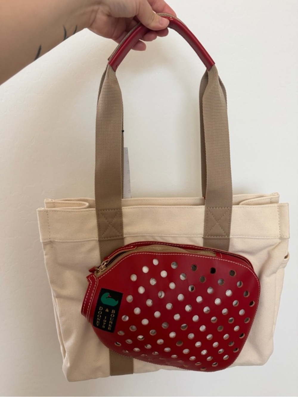 Dooney & Bourke Cream Canvas Pickleball Tote with Red Leather Accent Pouch